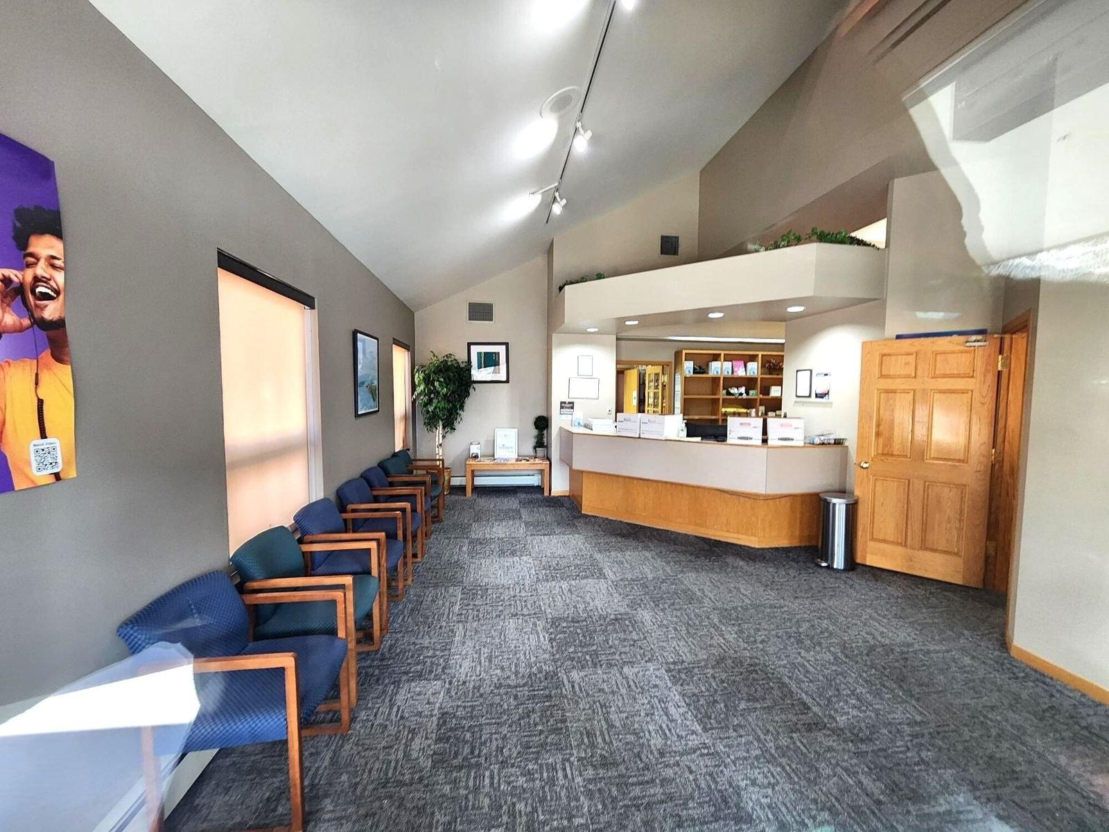 Reception and waiting area with skylights at 7515 W Yale Ave medical office for lease in Denver