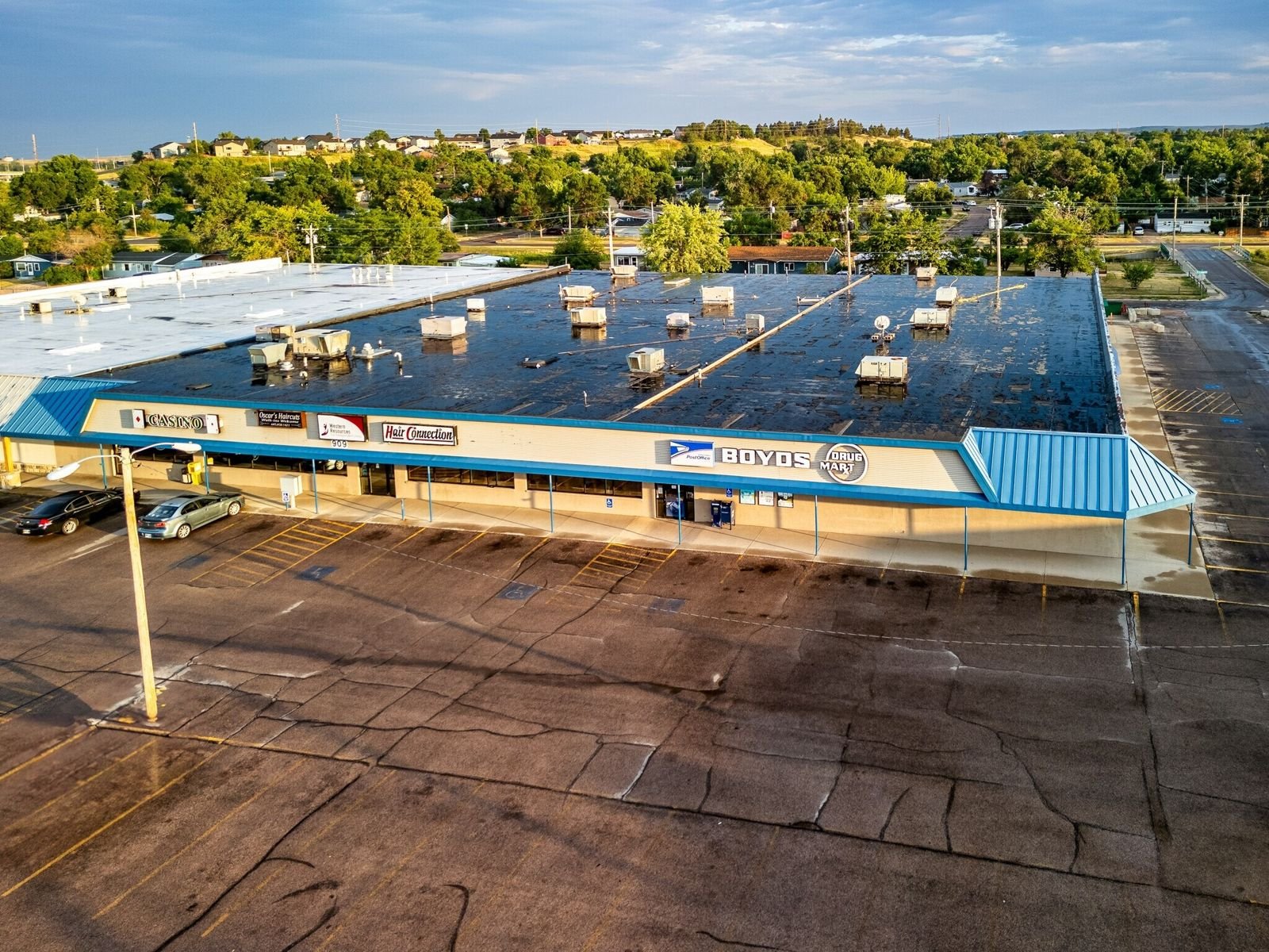 Aerial view of the blue awning facade at Midland Shopping Center, Rapid City